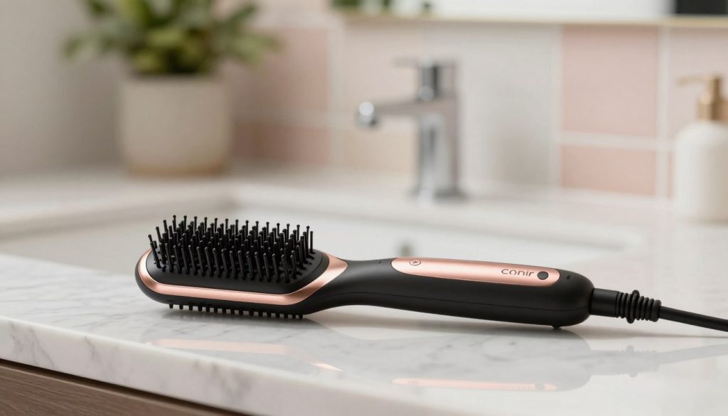 A Conair Unbound Cordless Straightening Brush resting elegantly on a sleek marble countertop. The brush features a smooth, ergonomic design with a combination of vibrant colors, including sleek black and metallic rose gold accents. In the foreground, the brush is centered, showcasing its bristles and heated styling surface. In the middle ground, soft, diffused lighting illuminates the brush, creating subtle reflections and highlights. The background consists of a softly blurred bathroom setting, with pastel-colored tiles and a hint of lush houseplants, enhancing a relaxed and inviting atmosphere. The overall mood is elegant and sophisticated, capturing the essence of modern hair styling tools.