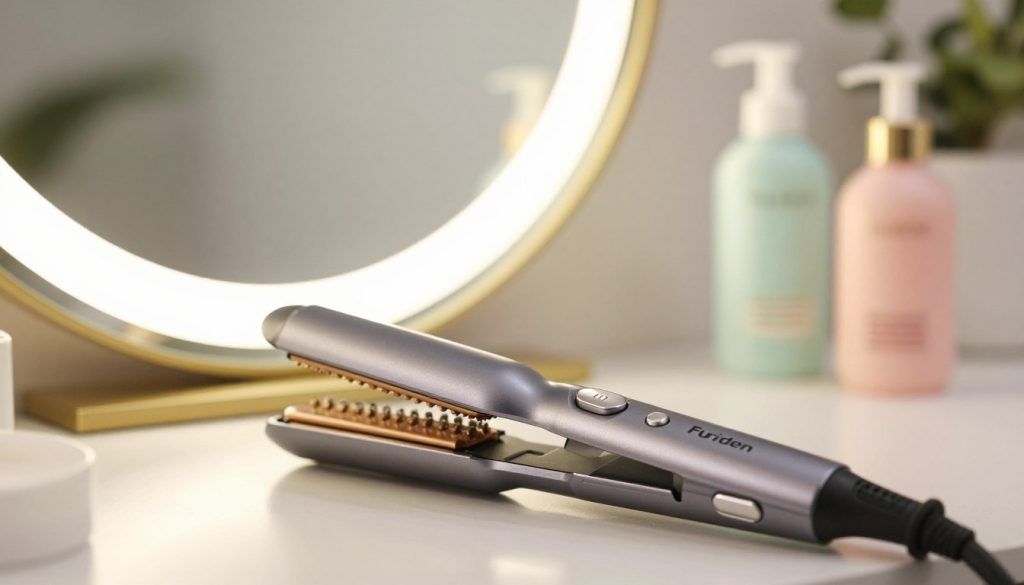 A Furiden Mini Hair Straightener and Curler, elegantly positioned in the foreground, showcasing its sleek, modern design with a metallic finish and delicate control buttons. The straightener is partially open, demonstrating both its curling and straightening capabilities. Surrounding it in the middle ground is a stylish vanity mirror reflecting soft, diffused lighting that creates a warm and inviting atmosphere, complemented by softly blurred hair care products in pastel colors. The background features a tidy bathroom setting, with hints of greenery, enhancing the ambiance. The image is captured at a shallow depth of field, focusing sharply on the hair straightener while creating a bokeh effect on the surroundings, evoking a sense of beauty and elegance ideal for modern hair styling.