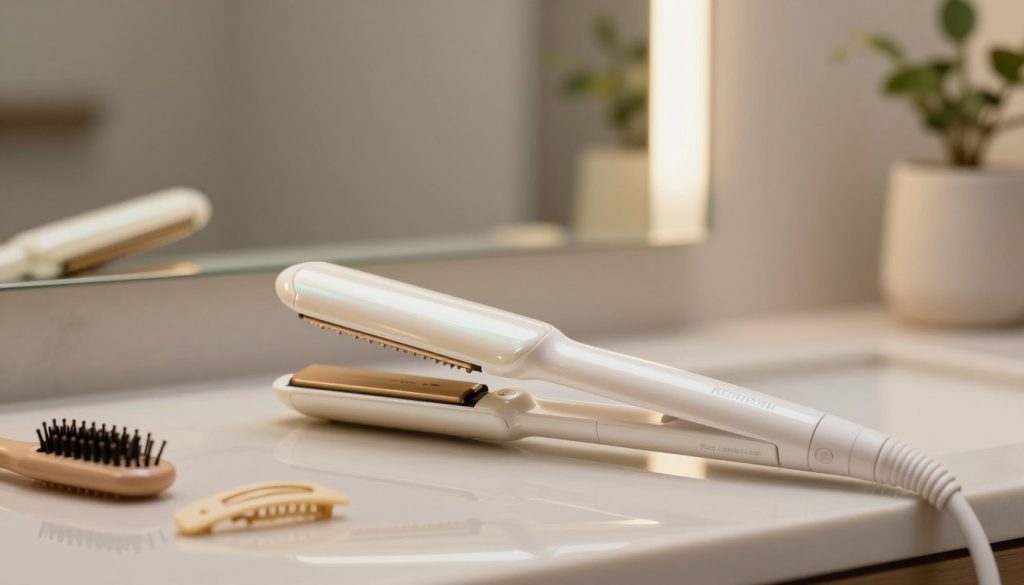 A Remington Pro 1-Inch Pearl Ceramic Flat Iron elegantly positioned on a sleek, reflective bathroom countertop. The flat iron's glossy, pearl-colored surface glistens under soft, warm lighting, highlighting its smooth ceramic plates. In the foreground, a few scattered hair accessories, like a stylish hairbrush and hair clips, add context and showcase its use. The middle ground features a soft-focus mirror reflecting the flat iron and hints of a modern, minimalistic bathroom setting with neutral tones. The background includes softly blurred plants for a touch of nature, creating a calm, inviting atmosphere. The overall mood is sophisticated and clean, perfect for showcasing a high-quality hair straightener suitable for travel.