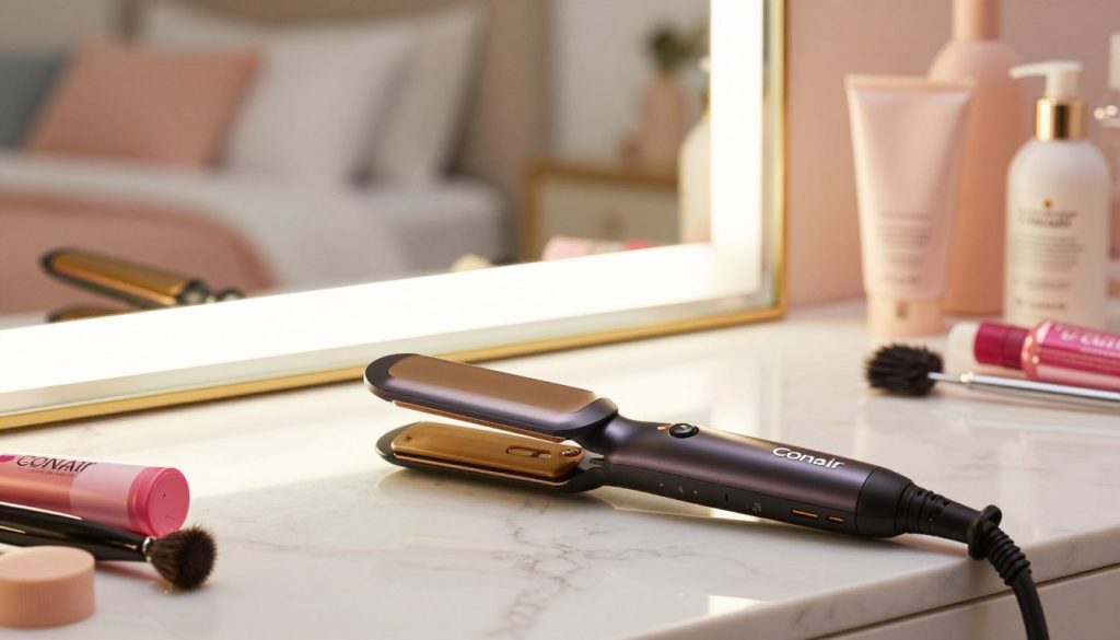 A beautifully arranged scene showcasing a Conair hair straightener on a pristine marble countertop. In the foreground, the hair straightener gleams with its sleek design and modern features, such as temperature controls and ceramic plates, reflecting soft, warm lighting. Next to it, a small pile of vibrant hair products and accessories adds color and context, suggesting styling possibilities. In the middle ground, a well-lit vanity mirror enhances the scene, reflecting a stylish bedroom with pastel decor in the background, creating a serene atmosphere. The overall mood is uplifting and empowering, highlighting the benefits of the hair straightener, emphasizing ease of use and stylish results. The composition captures elegance, warmth, and contemporary design aesthetics, inviting viewers to imagine the benefits of using the product.