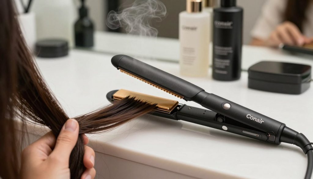 A detailed close-up of a Conair hair straightener placed on a sleek, modern bathroom counter. The straightener is slightly open, showcasing its ceramic plates with visible wear, and steam subtly rising from its heated surface. In the foreground, a hand is holding a lock of hair, demonstrating the device in use, while the middle layer features a partially styled hairstyle, revealing uneven sections created by the straightener's limitations. The background includes organized hair products and a mirror reflecting a glimpse of a stylish bathroom, all illuminated by soft, natural lighting that enhances the scene. The atmosphere feels practical yet chic, emphasizing the straightener's drawbacks in everyday use, with a focus on functionality and realism.