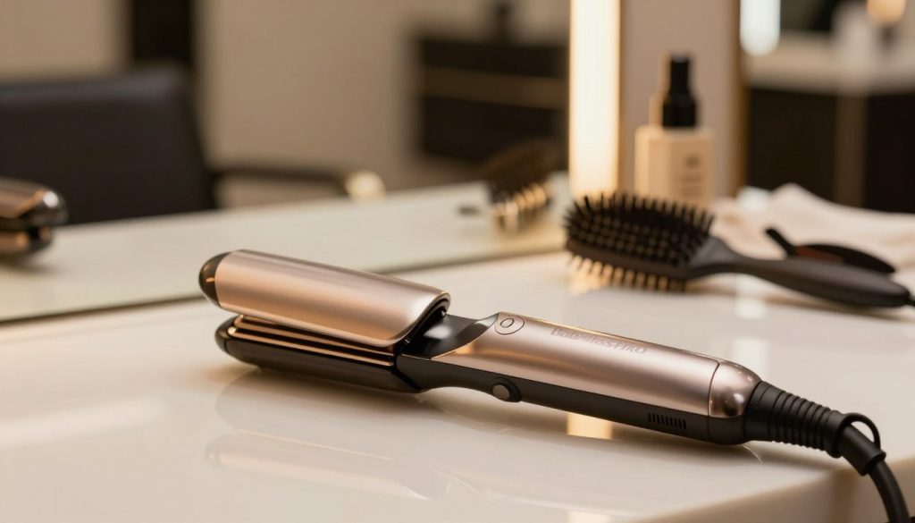 A sleek BaBylissPRO Cordless Straightening Iron placed prominently in the foreground on a clean, reflective surface. The iron features a modern design with a shiny, metallic finish and ergonomic grip, showcasing its cordless functionality. In the middle ground, include subtle hair styling accessories like clips and a brush, hinting at its intended use. The background is softly blurred, featuring a chic salon setting with warm, ambient lighting that enhances the professional atmosphere. Capture the image from a slightly elevated angle to emphasize the straightening iron's features, with soft shadows providing depth. The mood should convey luxury and efficiency, ideal for stylish haircare enthusiasts in 2026.