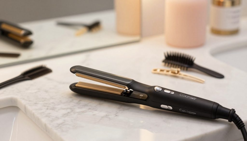 A sleek Conair MiniPRO Ceramic Straightener placed elegantly on a marble countertop. The straightener features a modern, compact design with a glossy black finish, highlighted by subtle silver accents. In the foreground, the straightener's ceramic plates gleam under warm, soft lighting, casting gentle reflections. The middle ground includes a few stylish hair accessories, like a comb and clips, arranged artfully next to the straightener, showcasing its portable nature. In the background, a blurred vanity mirror reflects a serene bathroom environment with soft pastel tones, enhancing the overall calm and chic atmosphere. The image is captured from a slightly elevated angle, focusing on the straightener while maintaining an inviting and organized layout.