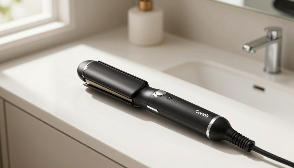 A sleek Conair hair straightener elegantly positioned on a clean, well-lit vanity. The product features a shimmering black and silver design, showcasing its ceramic plates and ergonomic handle. Soft, diffused natural light streams in from a nearby window, highlighting the smooth textures of the straightener. In the background, a stylish bathroom with neutral colors and minimalistic decor enhances the modern aesthetic. The angle captures the hair straightener from a slight overhead view, emphasizing its compact design and functionality. The overall mood is sophisticated and inviting, perfect for showcasing cutting-edge hair care technology. No humans or text are present in the image.