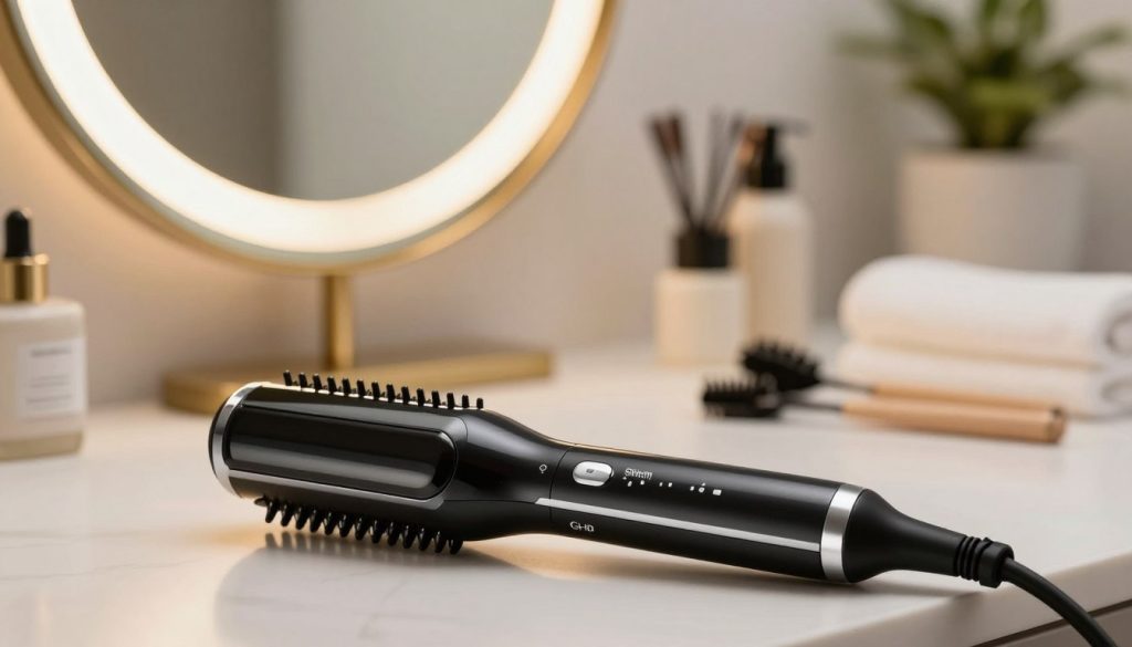 A sleek GHD Platinum Plus Cordless Styler is prominently displayed in the foreground, showcasing its elegantly designed black body with silver accents, reflecting a modern, high-end aesthetic. The styler's ceramic plates glisten, highlighting their smooth surface. In the middle ground, a softly blurred vanity setting complements the product, featuring a stylish mirror, a few neatly organized hair accessories, and a gentle glow from a warm light source that enhances the product's contours. The background features a serene bathroom ambience, with soft towels and subtle greenery, creating a calming atmosphere. The image is captured with a shallow depth of field, emphasizing the styler. The overall mood is chic and inviting, perfect for showcasing this premium beauty tool.