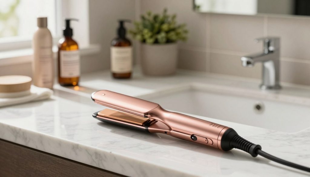 A sleek L'ange Le Vite cordless flat iron is showcased prominently in the foreground, resting on a stylish marble countertop. The flat iron, with its glossy, rose gold finish and elegant design, reflects soft natural light coming from a nearby window. In the middle ground, a well-organized vanity station displays hair care products like mousse and serum, enhancing the context of styling. The background features a cozy bathroom setting with neutral-toned tiles and a decorative houseplant, contributing to a relaxing atmosphere. The scene is bright and inviting, suggesting ease of use and sophistication. Capture the image from a slightly elevated angle to highlight both the flat iron's design and its functionality in a stylish environment, evoking a sense of modern beauty and convenience.