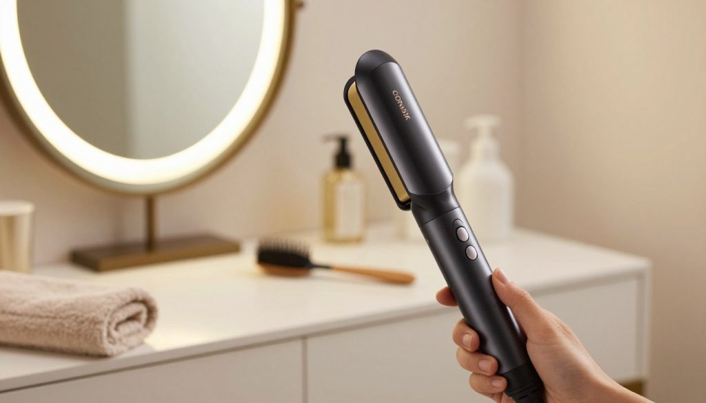 A sleek and modern Conair hair straightener prominently displayed in the foreground, showcasing its smooth ceramic plates and ergonomic handle, reflecting light to emphasize its polished finish. In the middle ground, a softly blurred vanity table adorned with a stylish mirror, hair accessories, and a neutral-colored towel, providing context to the product's use. The background features soft, warm lighting that creates an inviting atmosphere, suggesting a cozy bathroom or personal grooming space. The overall mood is approachable and elegant, appealing to those seeking effective hair styling solutions. The composition should be captured at eye level, evoking a sense of connection with the viewer. No people are included in the image.