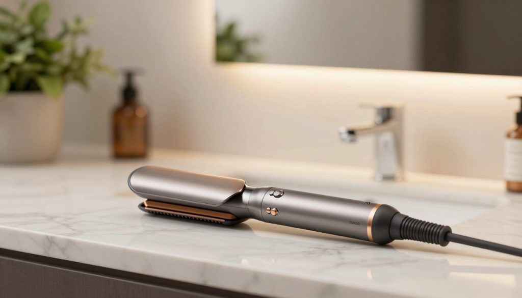 A sleek and modern Dyson Corrale HS07 cordless straightener is placed elegantly on a marble countertop. The straightener glistens under soft, diffused lighting that accentuates its premium design, showcasing its smooth, metallic finish and ergonomic contours. In the background, there’s a softly blurred vanity mirror reflecting warm hues of a softly lit bathroom. To the left, a lush green plant adds a natural touch. The camera angle is slightly above the straightener, capturing it in a dynamic perspective. The atmosphere is calm and luxurious, emphasizing the sophistication of a high-end hair styling tool. The image is clean, with no text, ensuring focus on the straightener itself.