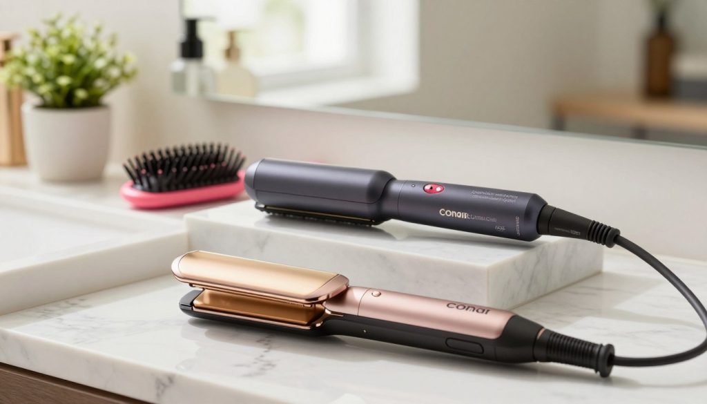 A sleek and modern comparison display of two cordless hair straighteners, prominently featuring the Conair Unbound Cordless Auto-Curler and Flat Iron. In the foreground, place the straighteners on a marble countertop with soft shadows highlighting their polished surfaces. The middle layer should introduce stylish accessories like a vibrant hair brush and a small potted plant, enriching the scene. The background features a bright and airy bathroom setting with diffused natural light coming from a nearby window, creating a warm and inviting atmosphere. Capture the image with a shallow depth of field, focusing sharply on the hair straighteners while subtly blurring the background. The overall mood should be clean, elegant, and practical, appealing to beauty enthusiasts.