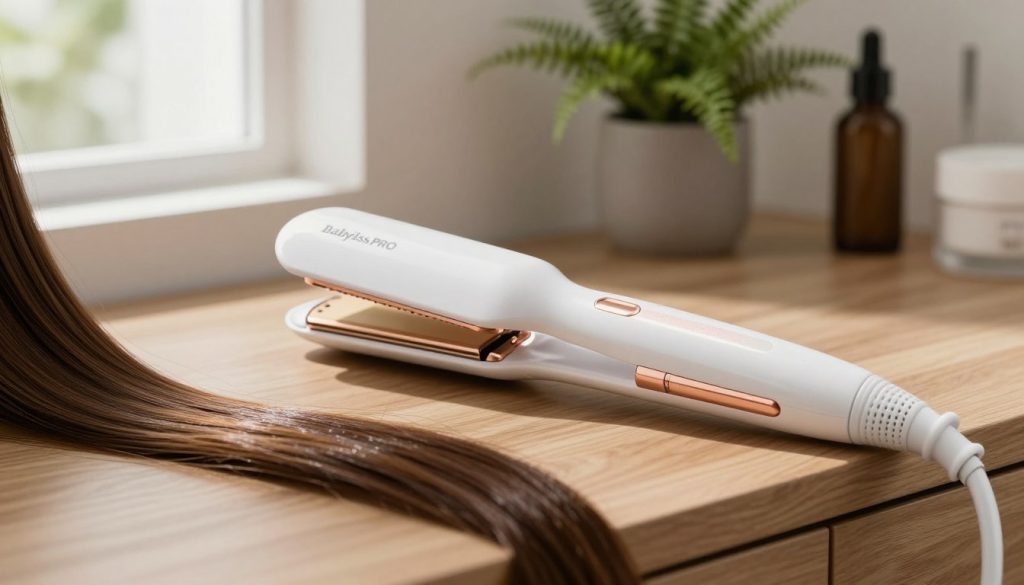 A sleek and stylish BaBylissPRO porcelain ceramic cordless hair straightener lies elegantly on a polished wooden vanity. The straightener features a glossy, white ceramic finish with shimmering rose-gold accents, showcasing its modern design. In the foreground, delicate strands of shiny, straight hair elegantly cascade beside the device, illuminated by soft, natural light filtering through a nearby window. The background is softly blurred, revealing a minimalist bathroom setting with contemporary decor elements, including a potted fern and a mirror reflecting the beauty tools. The overall atmosphere is serene and sophisticated, inviting the viewer to appreciate the luxury and performance of the hair straightener in a professional, well-presented environment.