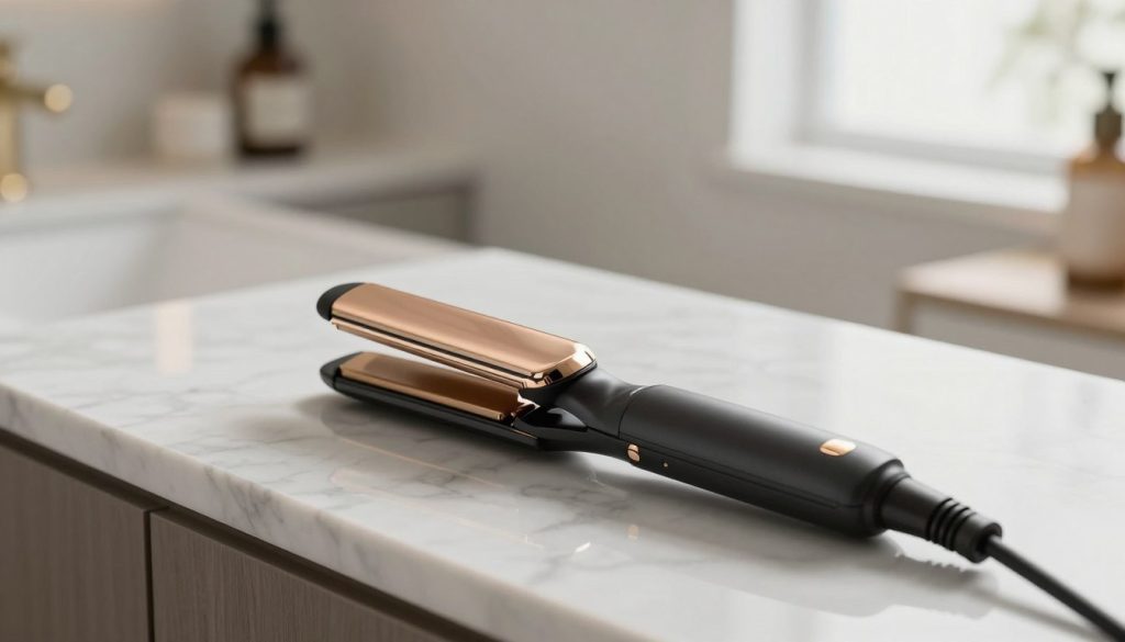 A sleek mini flat iron placed on a stylish marble countertop, showcasing its lightweight and compact design. The flat iron features a glossy ceramic plate with elegant titanium accents, glinting under soft, diffused natural lighting from a nearby window. In the background, a softly blurred image of a modern bathroom with elegant decor elements adds context, emphasizing the flat iron's portability. The angle captures the flat iron slightly from above, highlighting the smooth surfaces and detailing, enhancing its allure. The overall mood is inviting and sophisticated, suitable for a beauty setting, with a gentle focus on the product to draw attention to its features and materials.