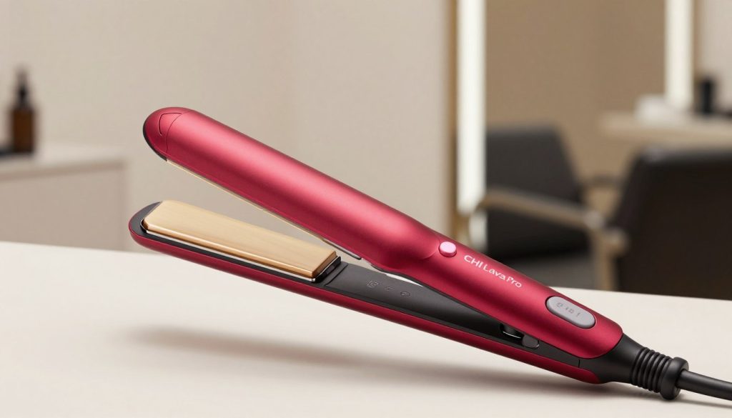 A sleek, modern CHI Lava Pro Cordless Ceramic Straightener is prominently displayed in the foreground, showcasing its smooth, ceramic plates and stylish design. The straightener's vibrant lava-inspired color provides a striking contrast against a soft, neutral background that highlights its features. Illuminated by soft, diffused natural lighting, the image captures the glossy finish and intricate details of the straightener, emphasizing its high-tech design. The angle is slightly tilted to give a dynamic perspective, revealing the ergonomic handle and buttons. In the background, subtle hints of a luxurious hair salon setting can be seen, creating an inviting, professional atmosphere. The mood is elegant and contemporary, perfect for highlighting this innovative hair styling tool.