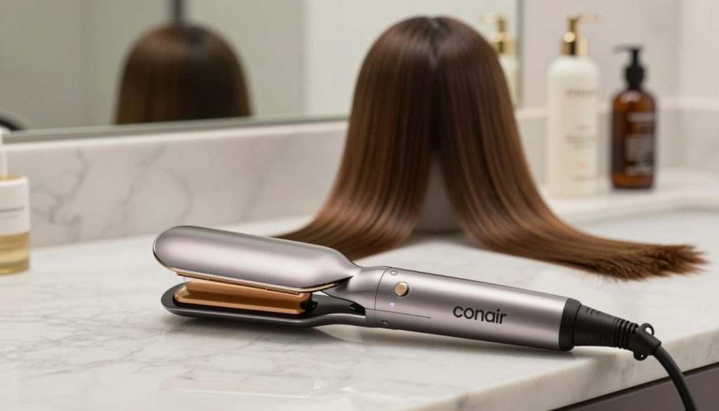 A sleek, modern Conair hair straightener is prominently displayed in the foreground, resting on a polished marble countertop. The straightener's metallic finish glimmers under soft, diffused lighting that highlights its ergonomic design and digital temperature display. In the middle ground, two elegantly styled strands of straightened hair are draped artistically, showcasing the smooth results achieved with the device. The background is a softly blurred bathroom setting, featuring chic decor such as a large mirror and stylish haircare products, adding to the sophisticated ambiance. The overall mood is one of luxury and professionalism, inviting the viewer to feel the effectiveness and quality of the Conair brand. The angle captures the straightener from a slightly elevated position, enhancing its features while maintaining a clean composition.