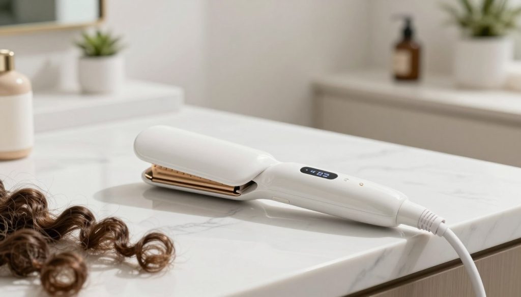 A sleek, modern ceramic hair straightener prominently displayed on a clean, white marble countertop, showcasing its elegant design and glossy finish. The straightener features a digital display, ergonomic handle, and rounded edges for versatile styling. In the foreground, a few loose curls of hair are artistically arranged, indicating its use on curly hair. Soft, diffused natural light illuminates the scene, creating gentle shadows that emphasize the product's contours. A blurred background shows a stylish bathroom setting, complete with potted plants and a mirror, enhancing the inviting atmosphere. The overall mood is bright and fresh, aimed at highlighting the straightener’s effectiveness for curly hair while suggesting a chic and modern lifestyle.