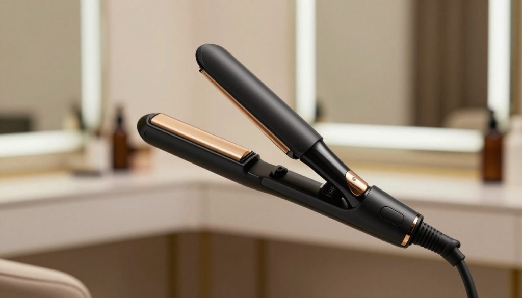 A sleek, modern cordless flat iron designed for hair styling, prominently displayed in the foreground. The flat iron should have a glossy finish with stylish black and gold accents, showcasing its innovative design. Surrounding it, a soft-focus vanity setting with a blurred background featuring elegant mirrors and warm ambient lighting, creating a cozy salon atmosphere. The angle should be slightly above eye level, capturing the contours of the flat iron from a dynamic perspective, highlighting its ergonomic shape. The scene should evoke feelings of luxury and convenience, emphasizing its cordless functionality while inviting viewers to imagine the ease of use. Soft, natural lighting should enhance its features, casting gentle reflections on the surface.