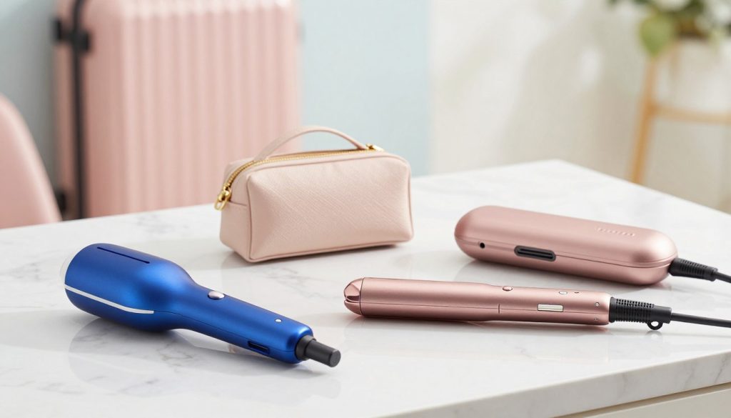 A stylish arrangement of portable hair straighteners on a sleek marble countertop. In the foreground, showcase three hair straighteners of varying colors and designs: one compact and foldable in a vibrant blue, another with a matte finish in rose gold, and a travel-friendly straightener featuring a unique heat-resistant travel case. In the middle, place a small, stylish bag that signifies travel convenience. The background should feature soft, blurred pastel colors to create a calm and inviting atmosphere, evoking the essence of travel. Use bright, natural lighting to highlight the tools' sleek finishes and modern design. Focus on a shallow depth of field to emphasize the straighteners while keeping the background soft and inviting.