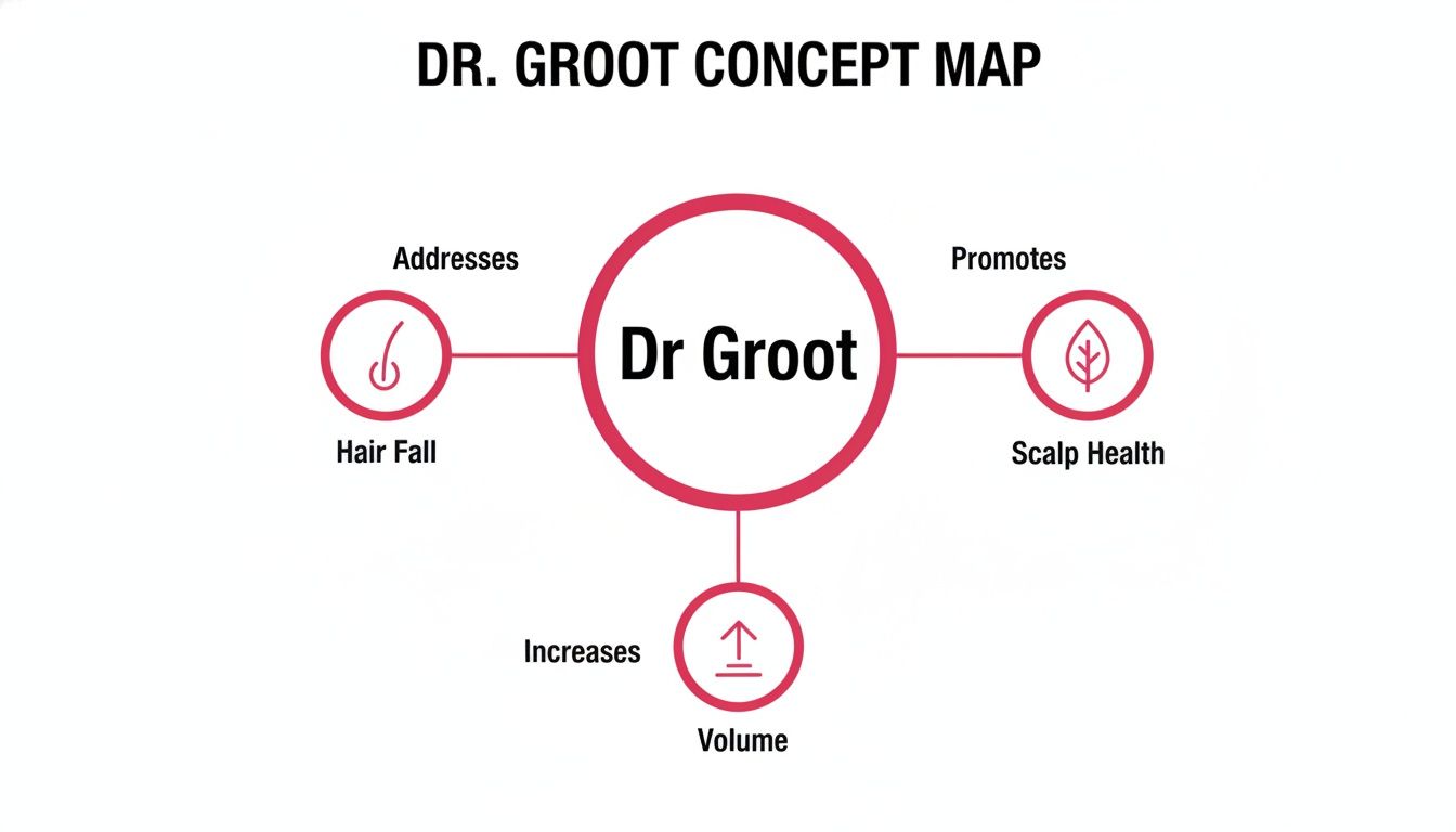 A concept map illustrating Dr Groot's benefits: addresses hair fall, promotes scalp health, and increases volume.