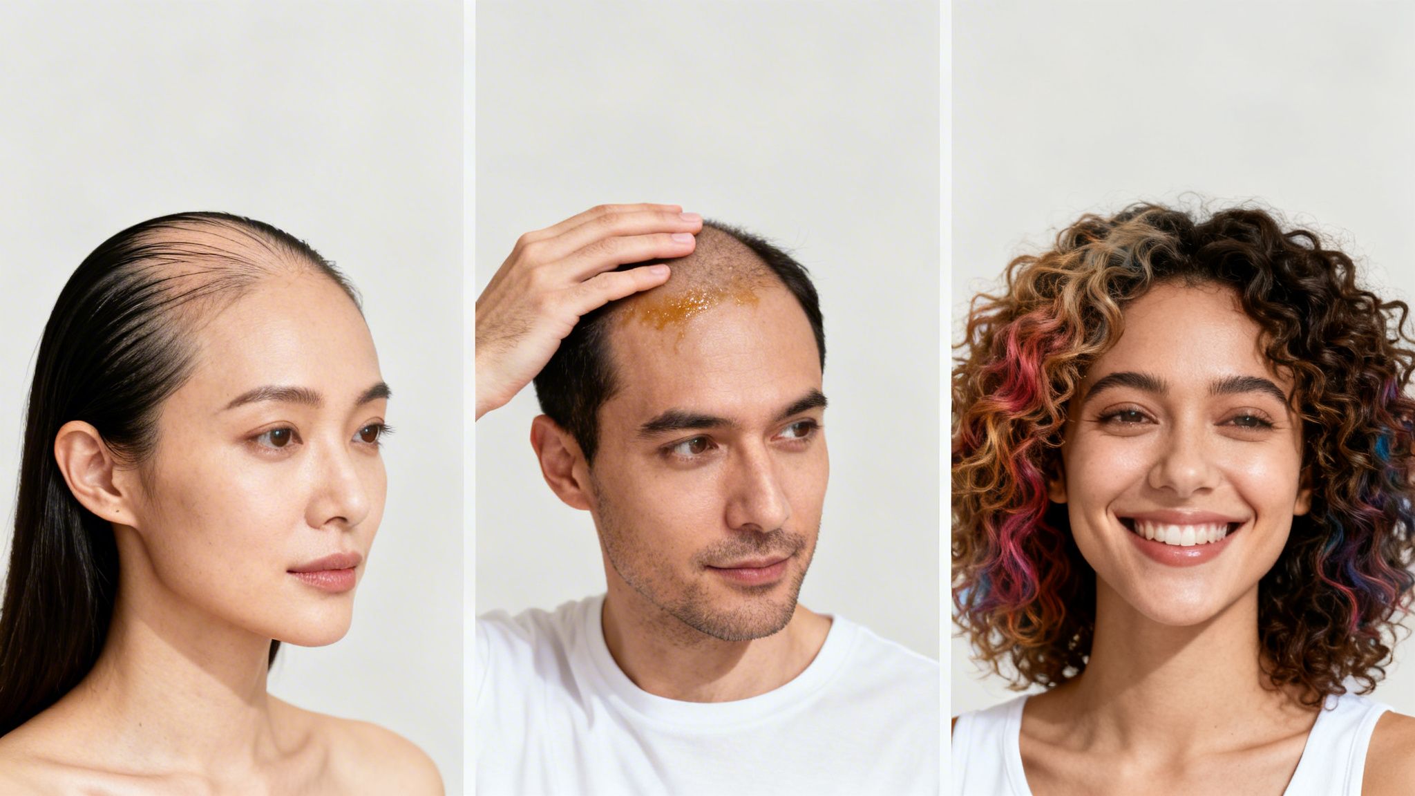 Collage of people with diverse hair needs: thinning hair, scalp treatment, and healthy, colorful curls.