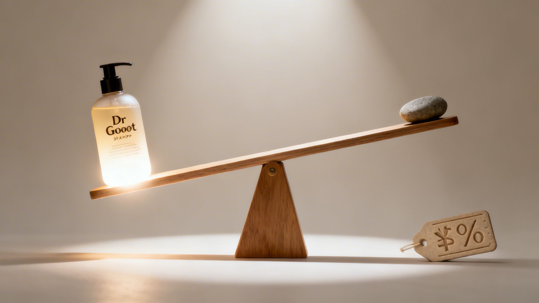 A Dr Groot shampoo bottle glows on a wooden balance scale, outweighing a small rock.