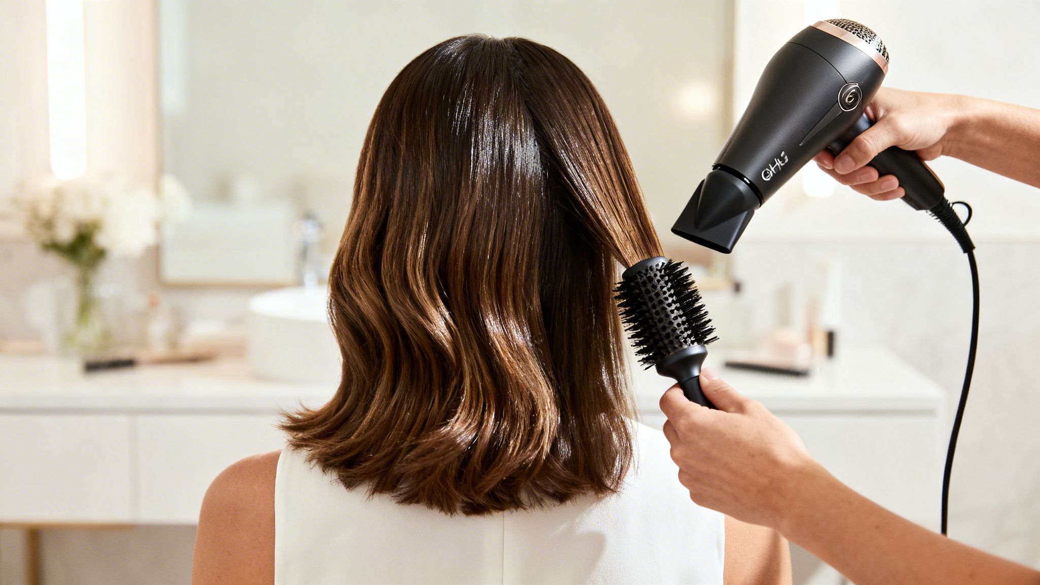 Hands using a GHD hair dryer and round brush to style shiny brown hair.