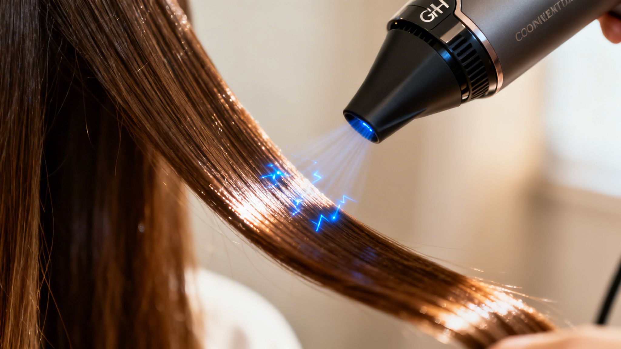 A close-up of a GHD hair dryer applying blue light treatment to sleek brown hair.