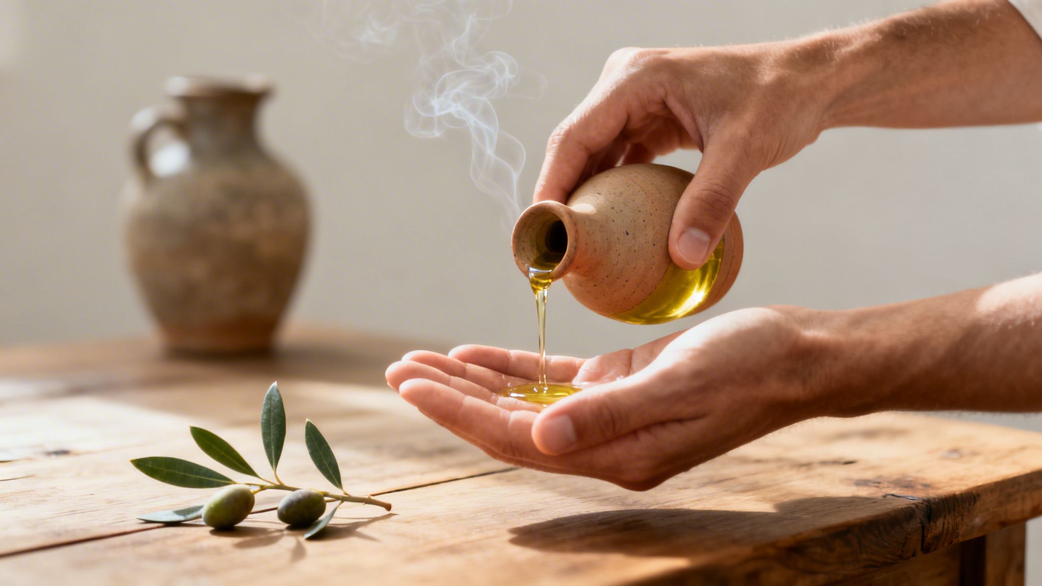Hands pour steaming hot olive oil from a rustic jug onto a palm, with an olive branch nearby.