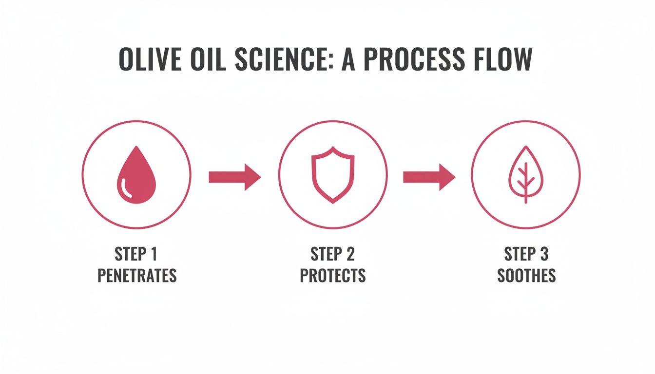 Process flow diagram explaining how olive oil works in three steps: penetrates, protects, soothes.