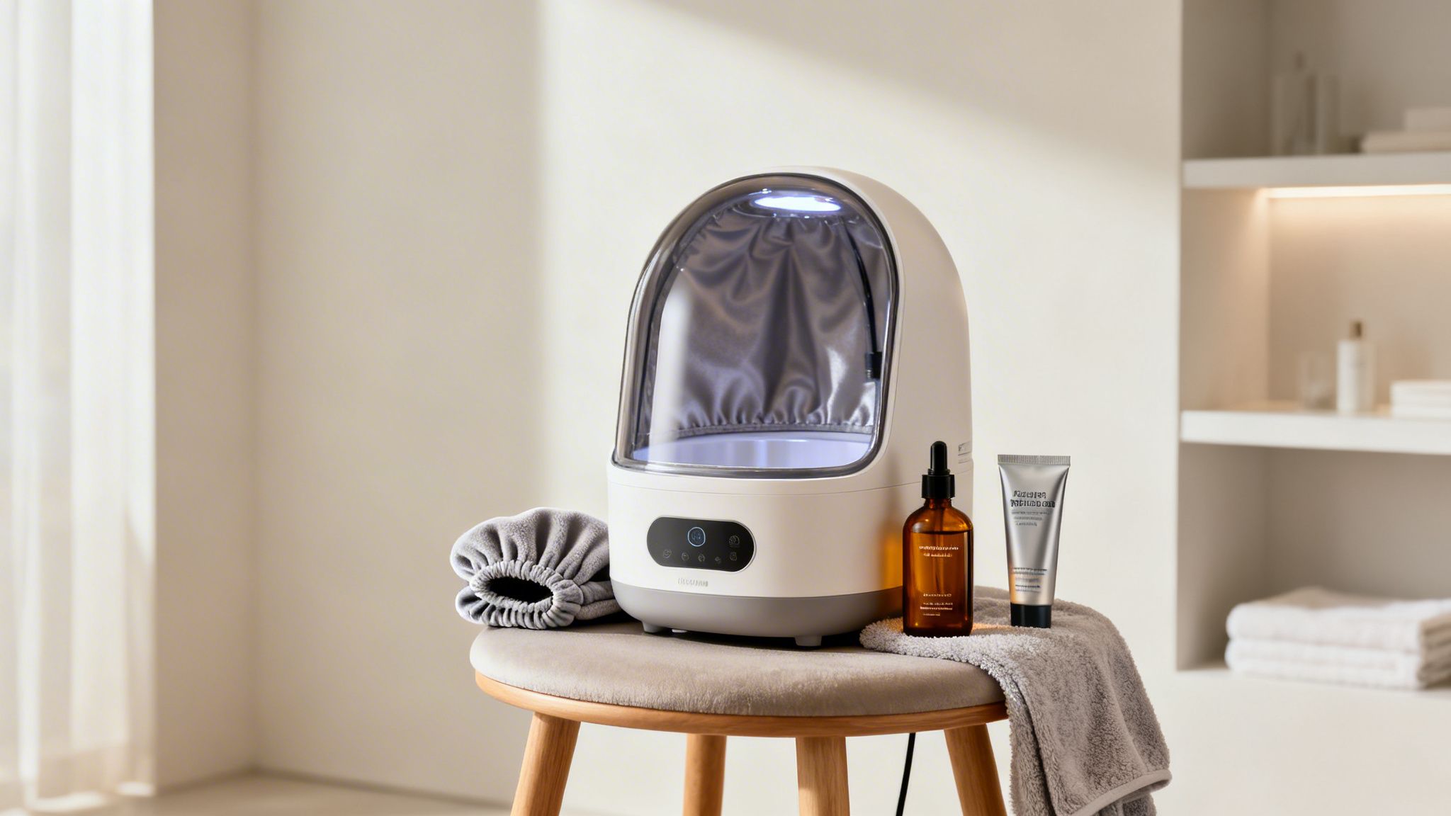 A hair care device with products and a towel on a stool in a bright room.