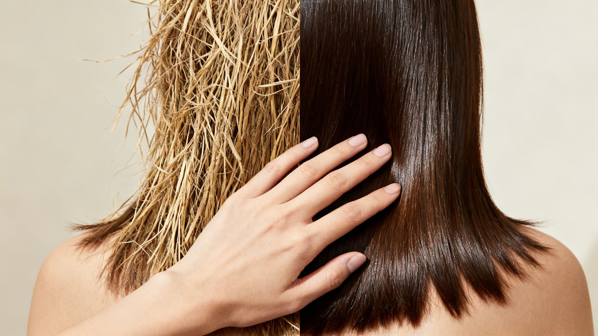 A woman's hair, half dry and straw-like, half healthy and shiny, with a hand touching both.