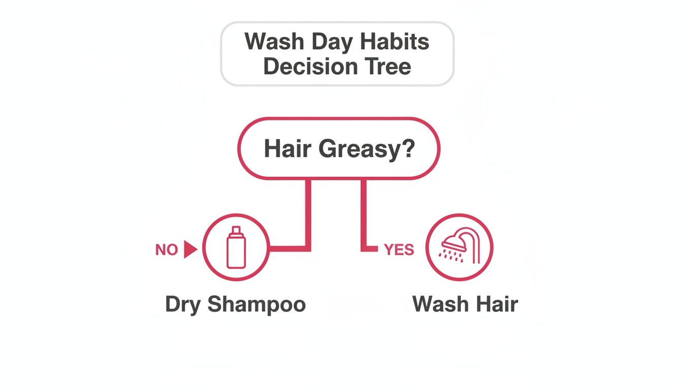 A wash day habits decision tree guides whether to use dry shampoo or wash hair based on greasiness.
