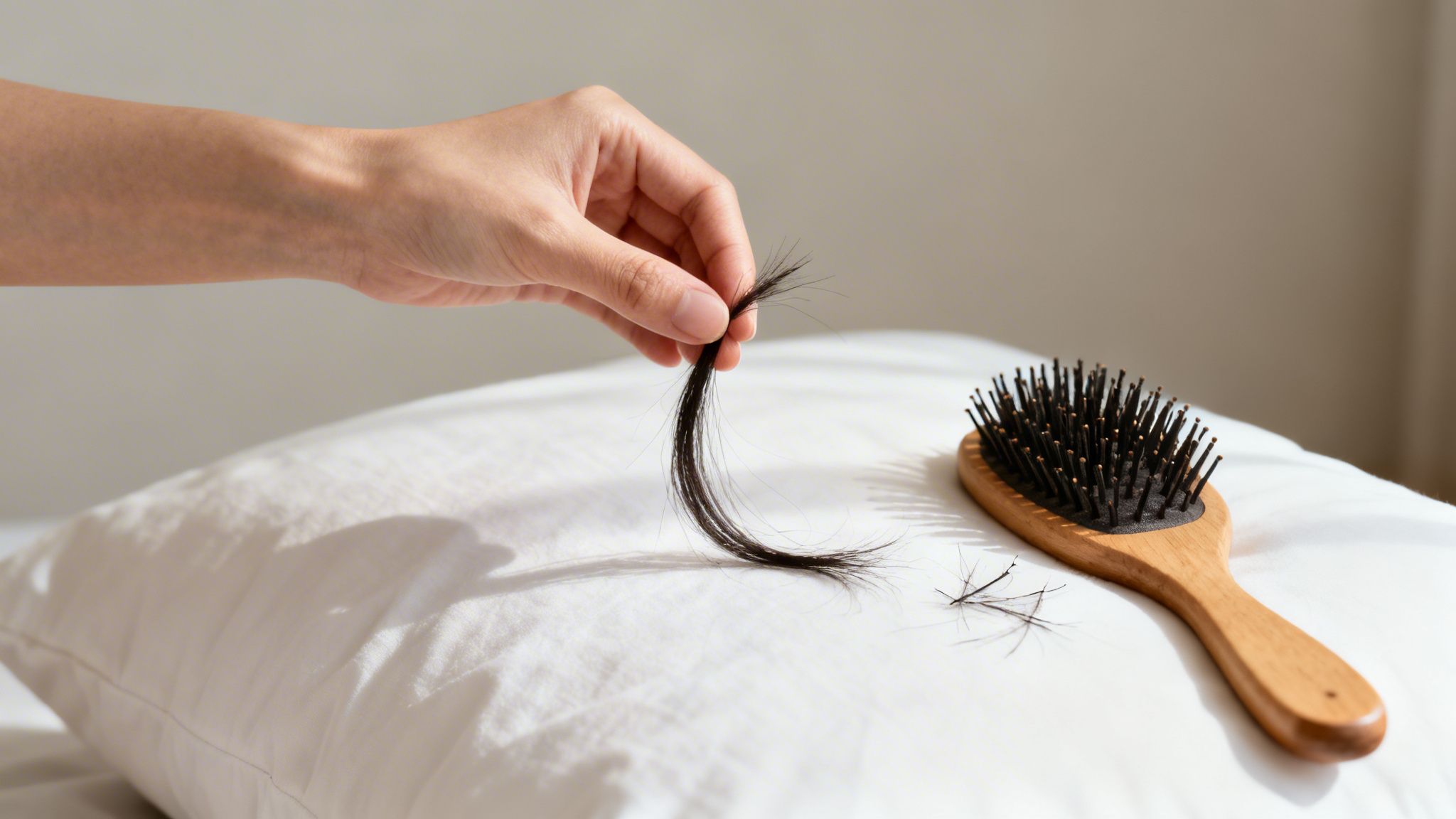 A hand holds a clump of dark hair, with a brush and loose strands on a white pillow.