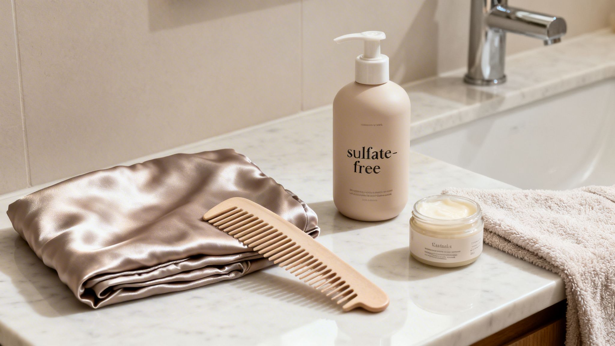 Sulfate-free shampoo, hair mask, wooden comb, and silk wrap on a marble bathroom counter.