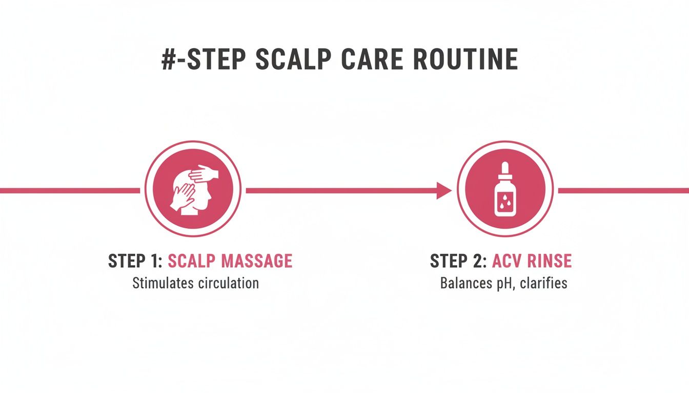 An infographic showing a 2-step scalp care routine: scalp massage and ACV rinse benefits.