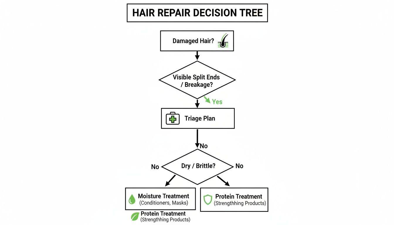 Decision tree flowchart guiding users through hair repair for damaged, dry, brittle hair, split ends, and breakage, recommending triage, moisture, and protein treatments.