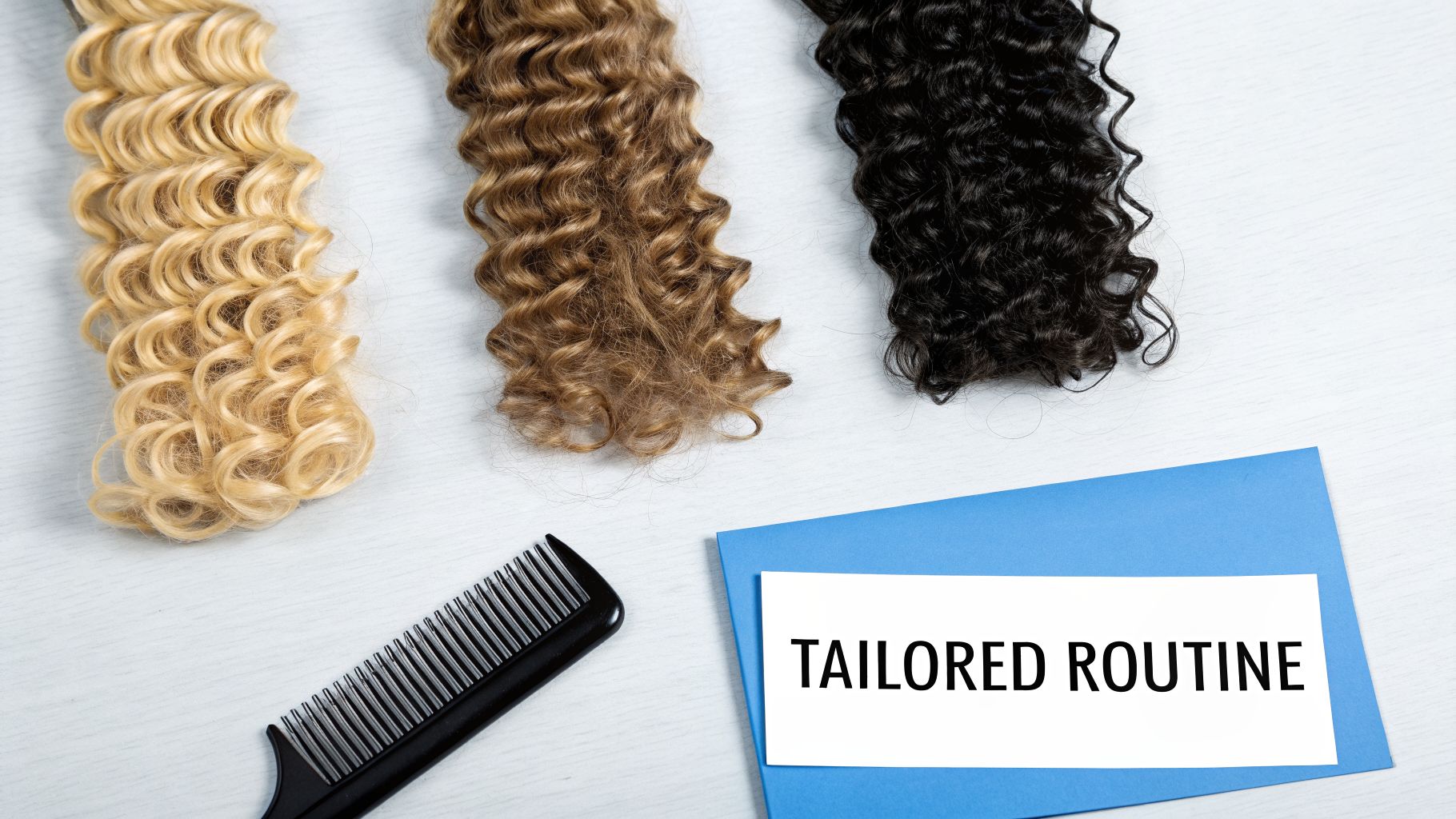 Three diverse curly hair swatches (blonde, brown, black), a comb, and 'TAILORED ROUTINE' text.