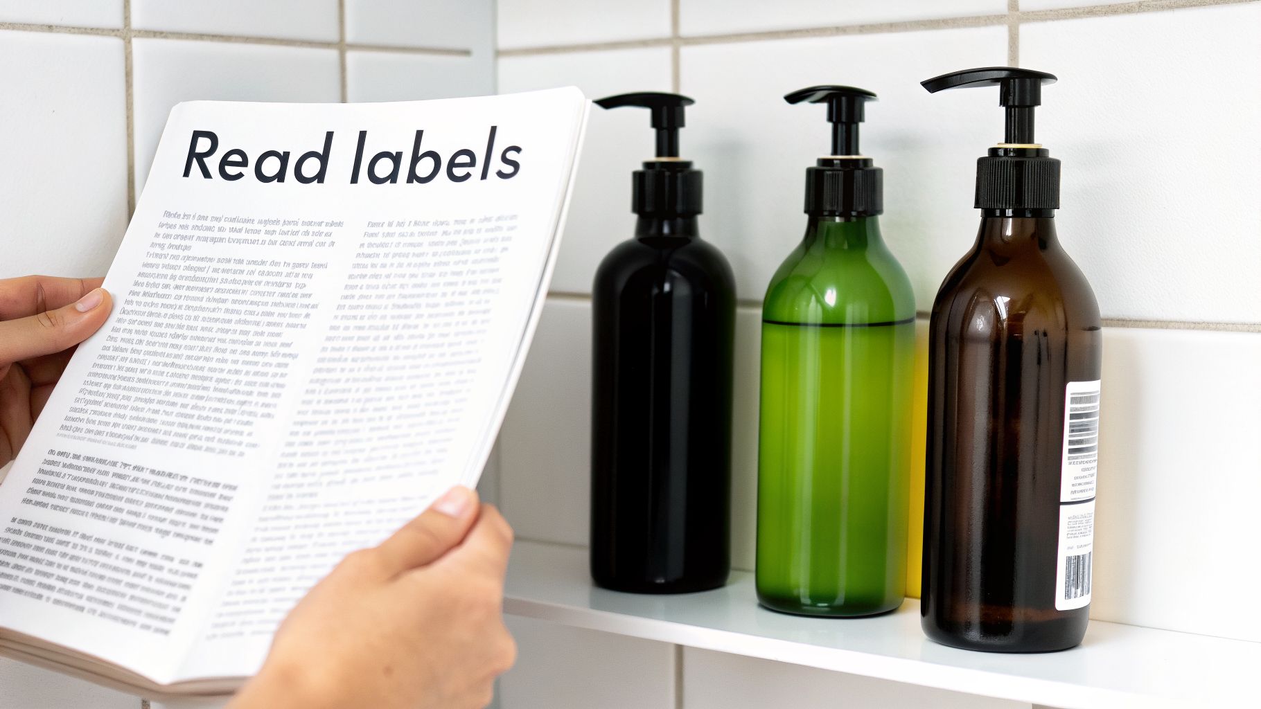 Hands hold a document saying 'Read labels' in front of three shampoo bottles.