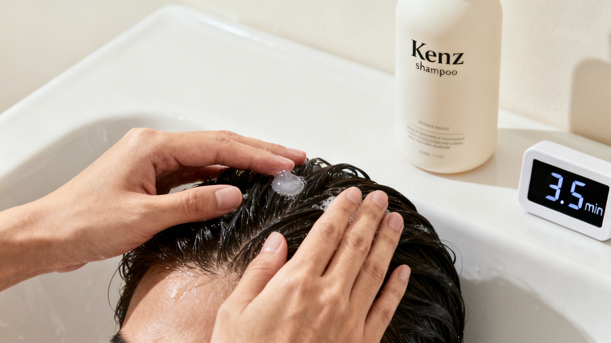 Close-up of hands applying Kenz shampoo to dark hair in a white basin with a digital timer.