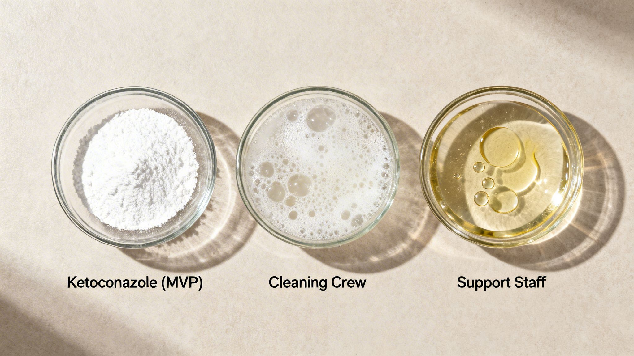Three clear glass bowls containing white powder, foamy liquid, and oily liquid, each labeled.