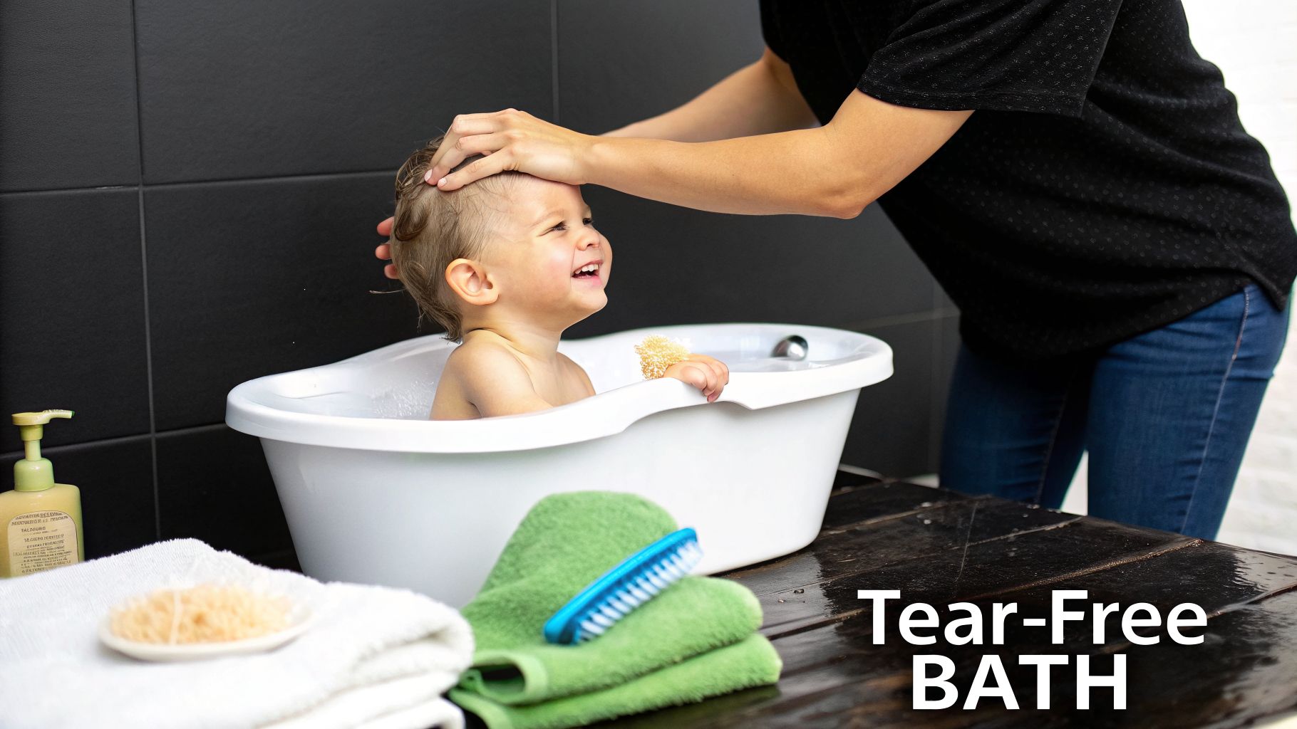 A happy baby is being bathed in a white tub by an adult, with bath essentials visible.