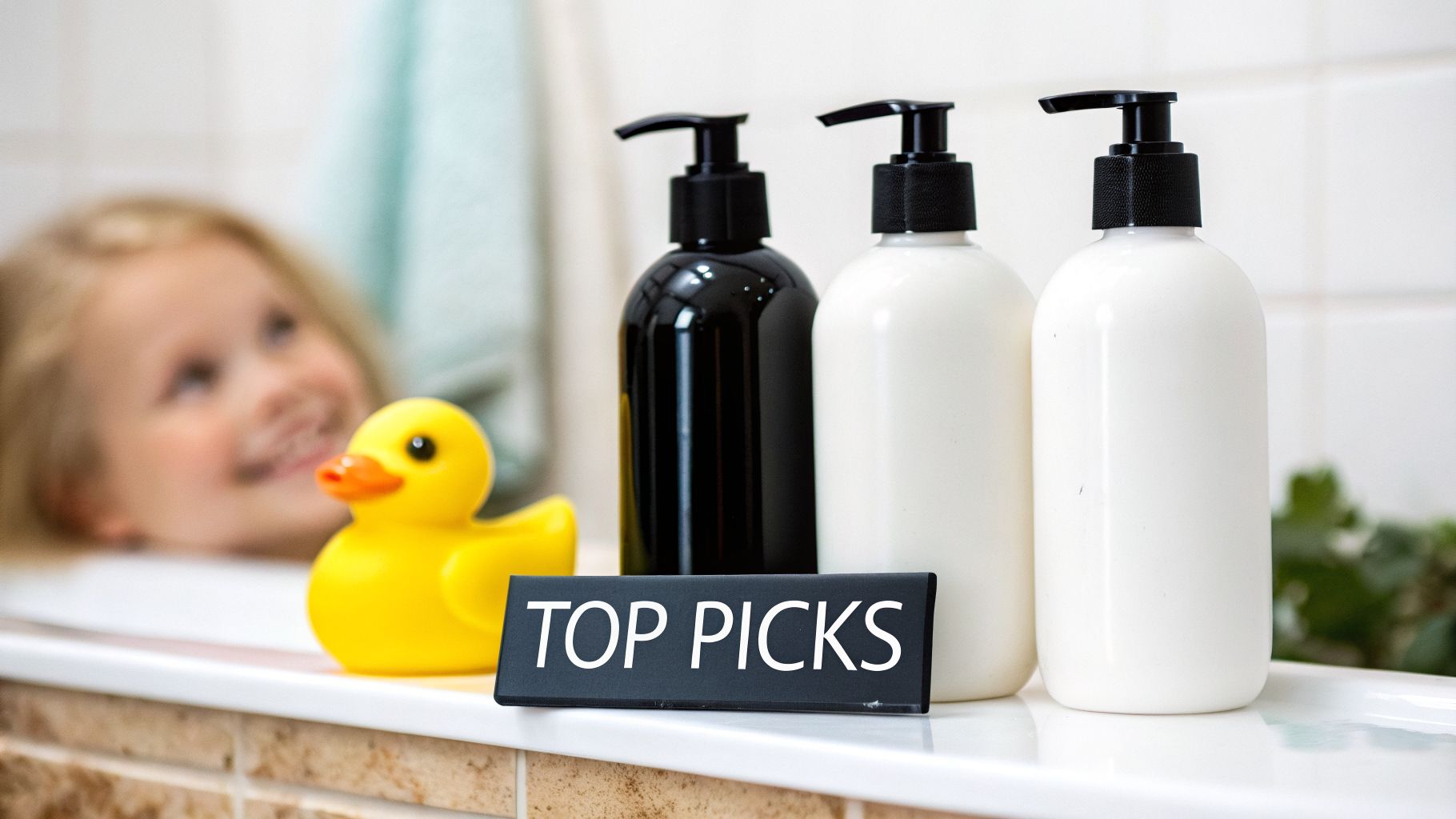 A smiling child in a bathtub with a rubber duck and 'TOP PICKS' sign next to various bath product bottles.