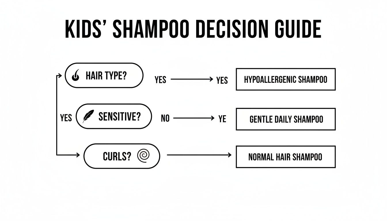 Flowchart guiding parents to choose kids' shampoo based on hair type, sensitivity, or curls.