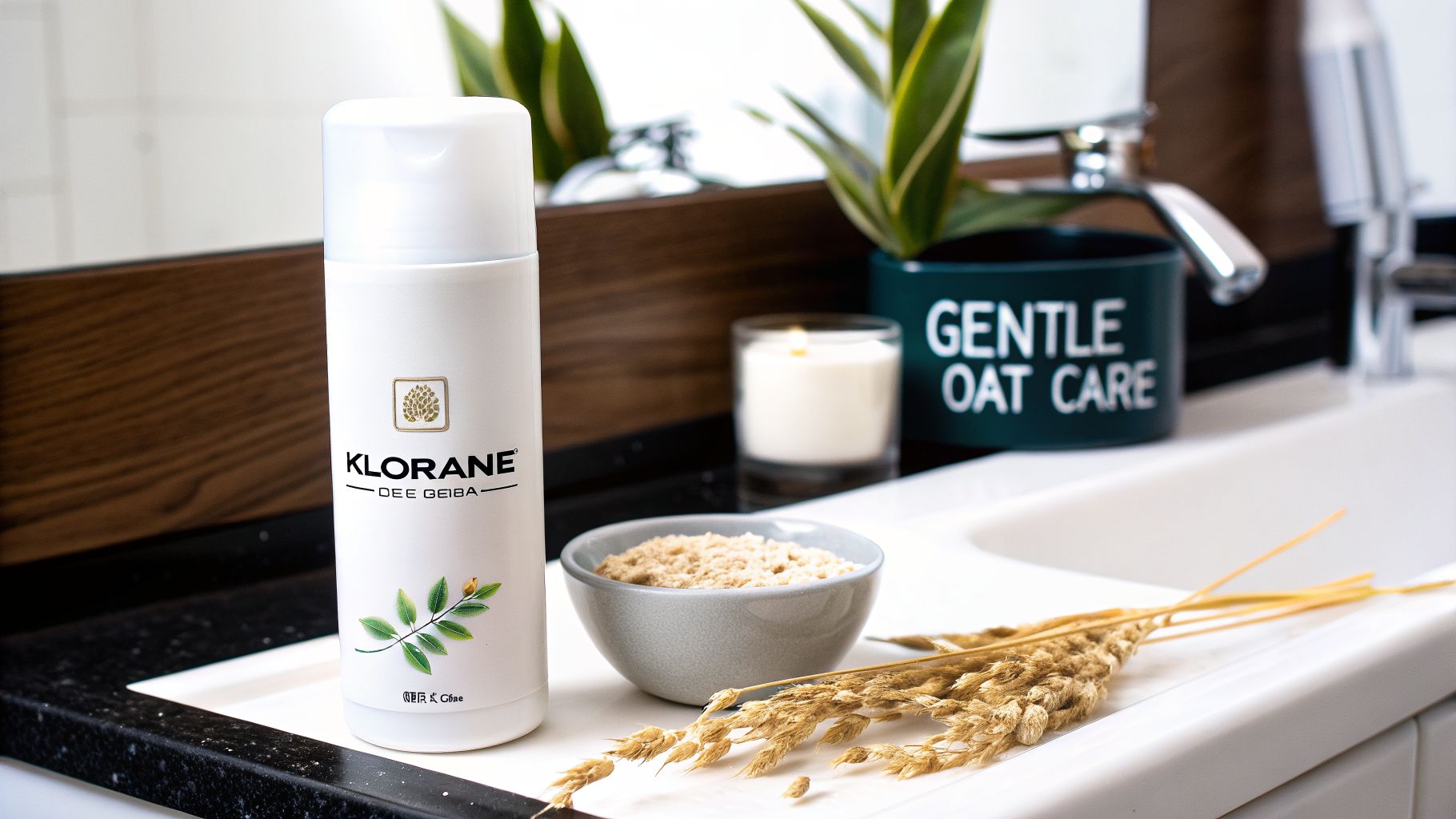 Klorane dry shampoo bottle, oat powder, and dried oats on a bright bathroom counter next to a sink.