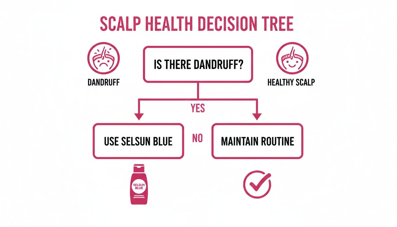 Scalp health decision tree outlining steps for dandruff: check for dandruff, use Selsun Blue if yes, maintain routine if no.