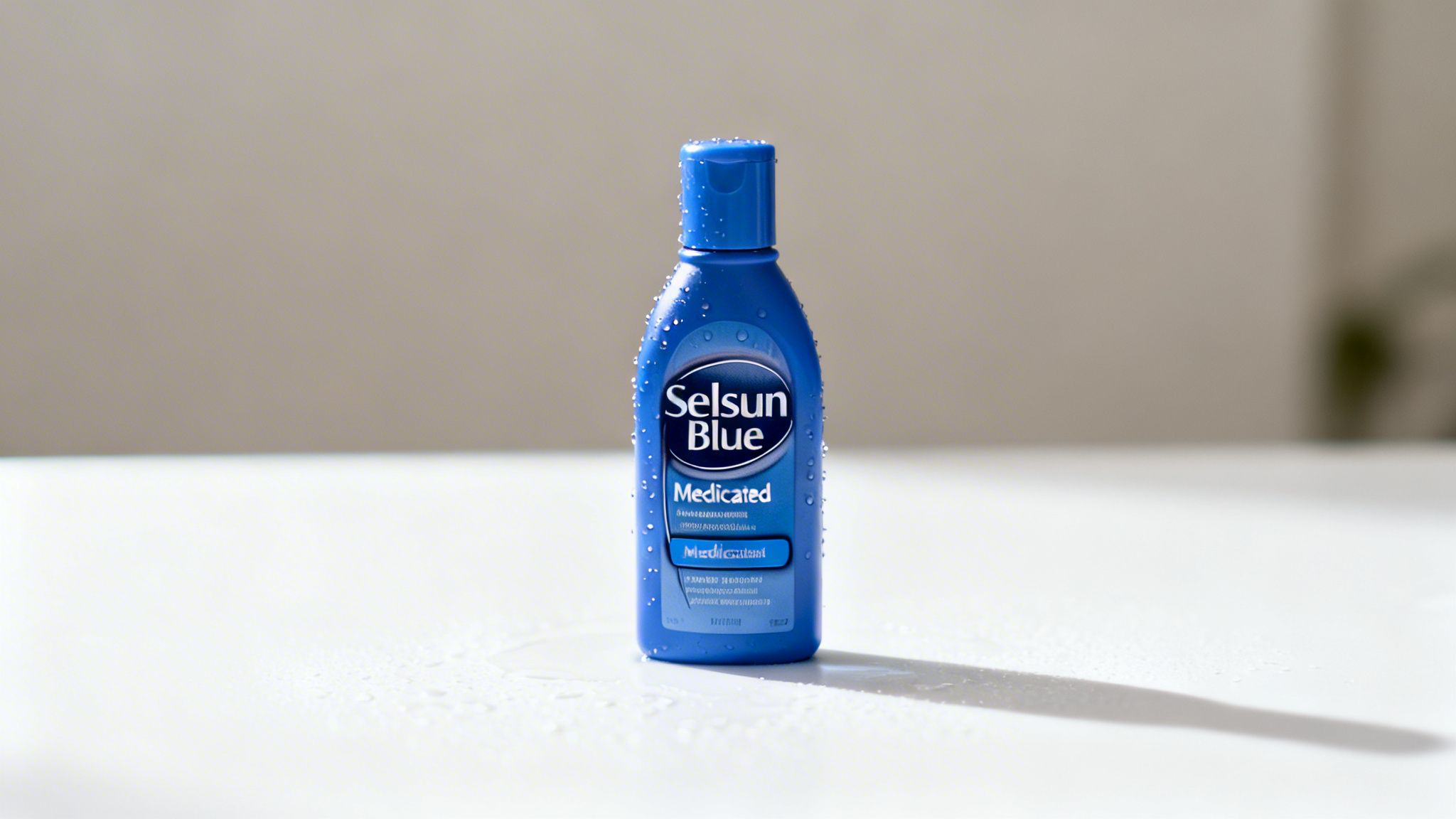 A blue Selsun Blue Medicated shampoo bottle covered in water droplets on a white surface.