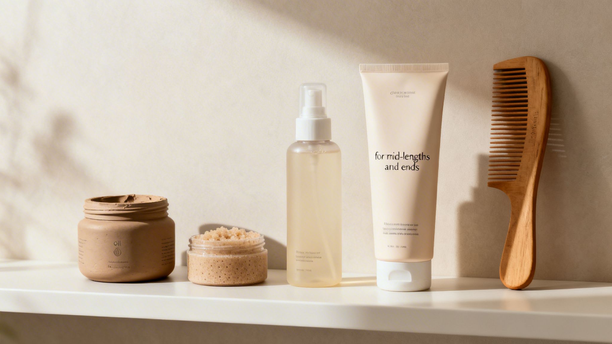 Various hair care products and a wooden comb arranged neatly on a light shelf.