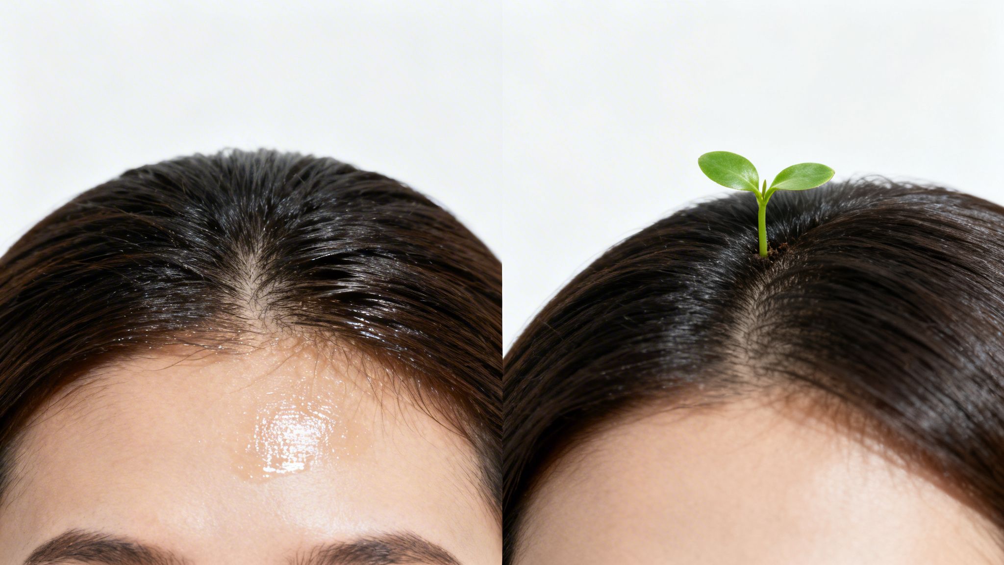 Before and after close-up of a person's scalp showing oily hair then healthy new hair growth with a sprout.