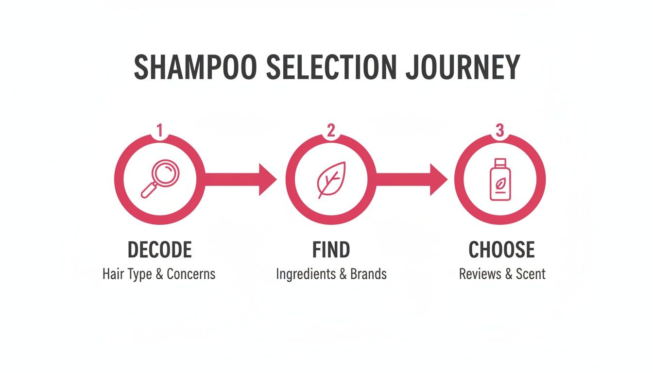 Infographic showing a 3-step shampoo selection journey: Decode, Find, Choose for hair care.
