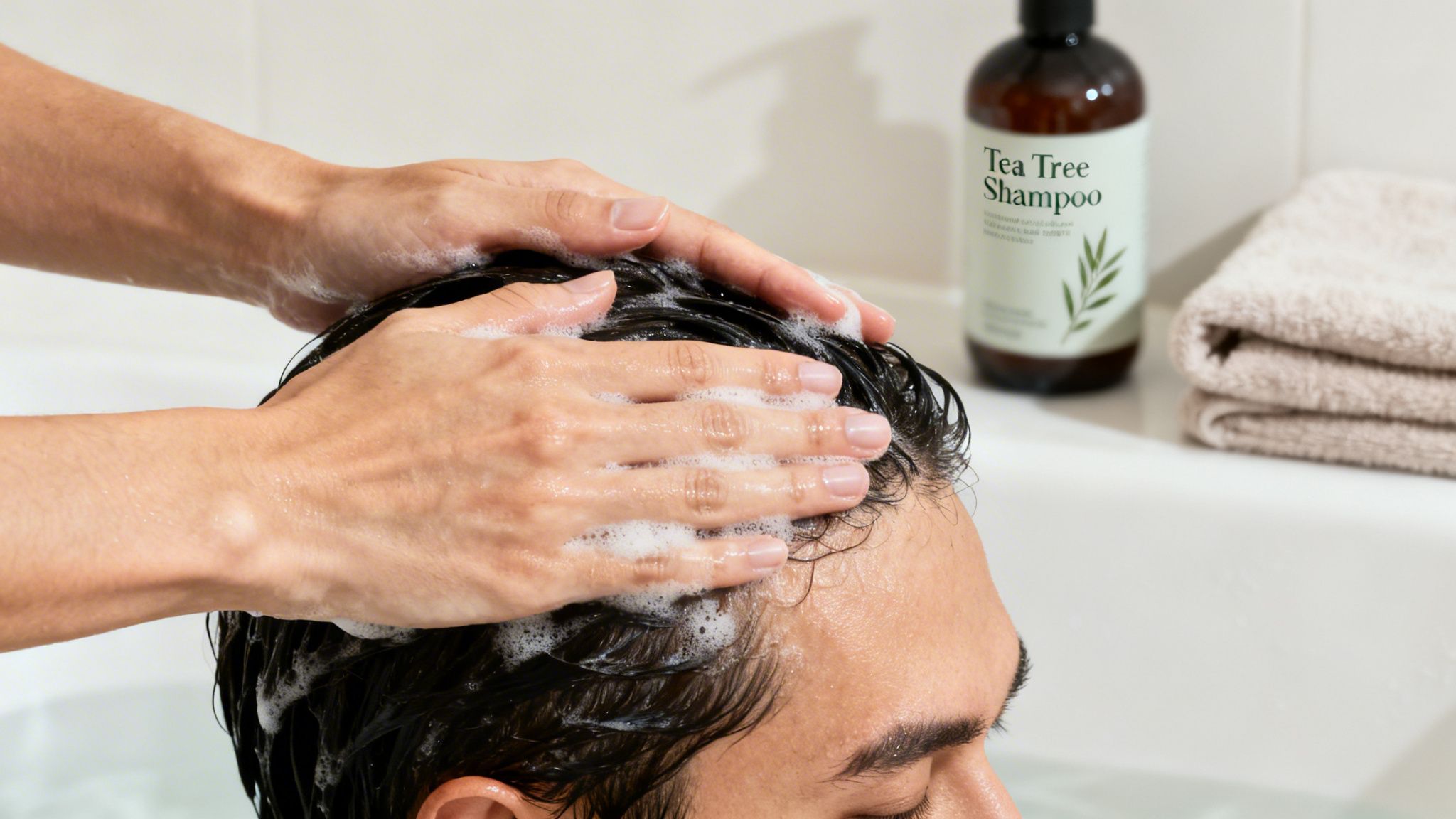 Hands massaging tea tree shampoo into a man's wet hair in a bathroom.