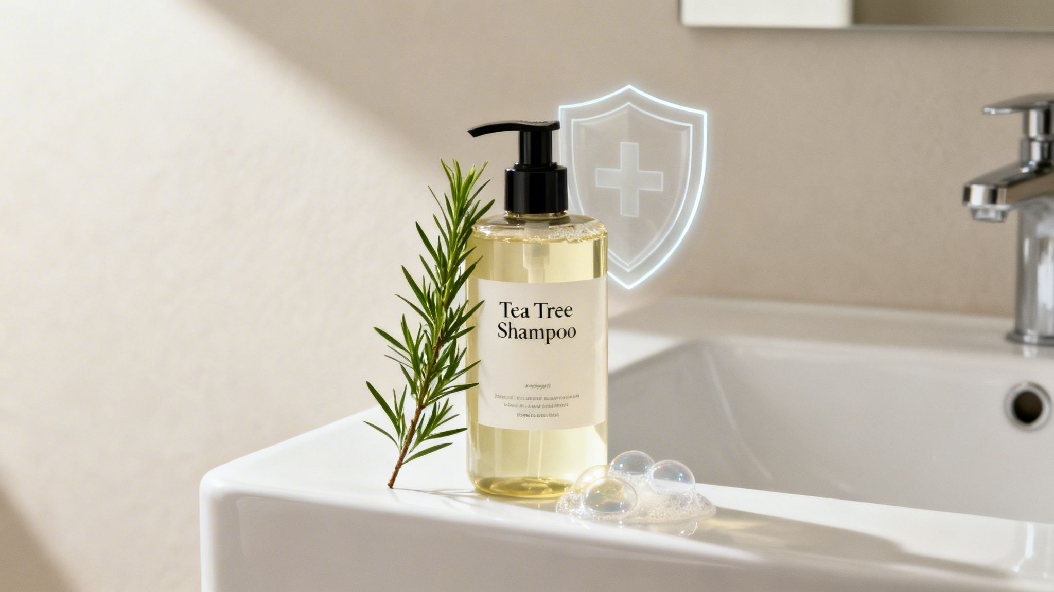 Tea Tree Shampoo bottle and rosemary sprig on a white sink, with glowing shield icon.