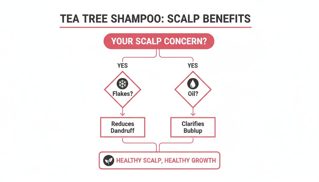 Flowchart illustrating tea tree shampoo's scalp benefits, addressing concerns like flakes and oil for healthy growth.